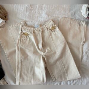 PATOU SIZE 32 Cream High-Waist Wide Leg Jeans with Gold Hardware